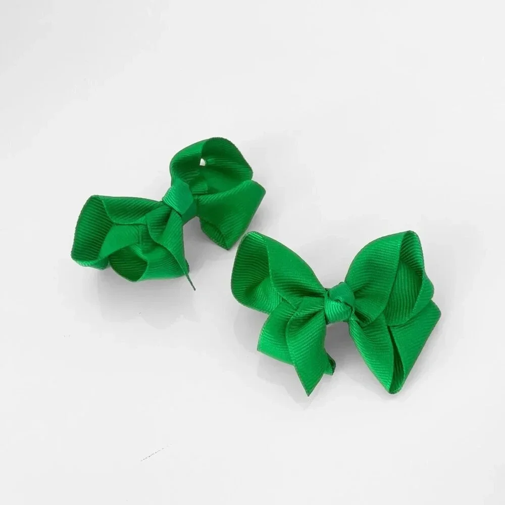 Set of 2 Pretty Girls Hair Bows Grosgrain Ribbon Clips Hair Accessories Green